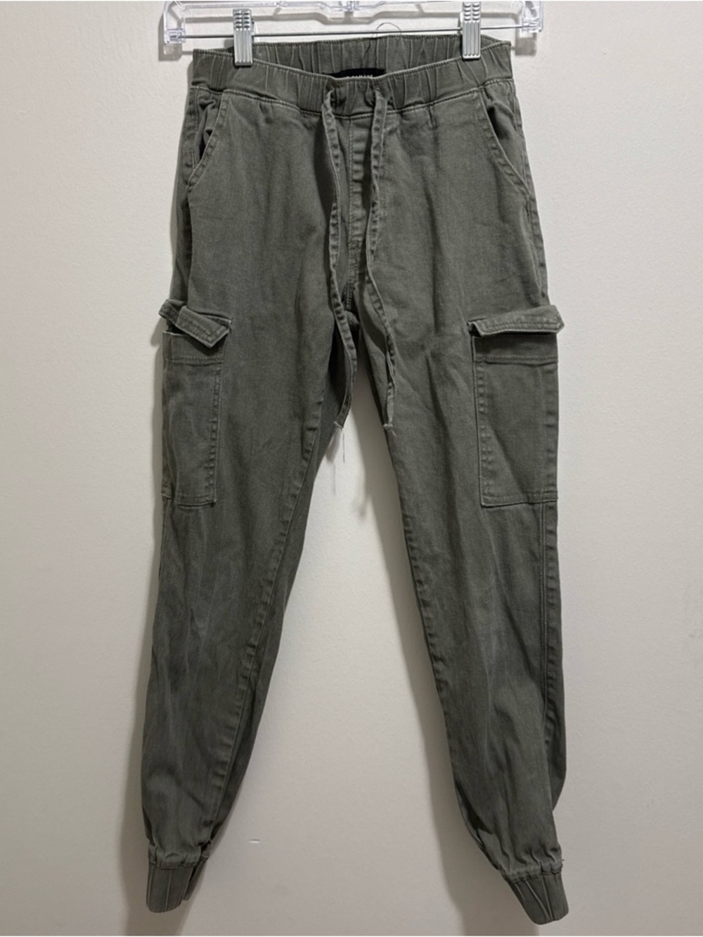 Almost Famous Women Cargo Jogger Pants Olive Green Elastic Waist Drawstring S